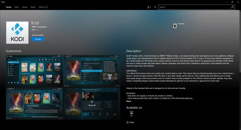 Kodi Windows Store page