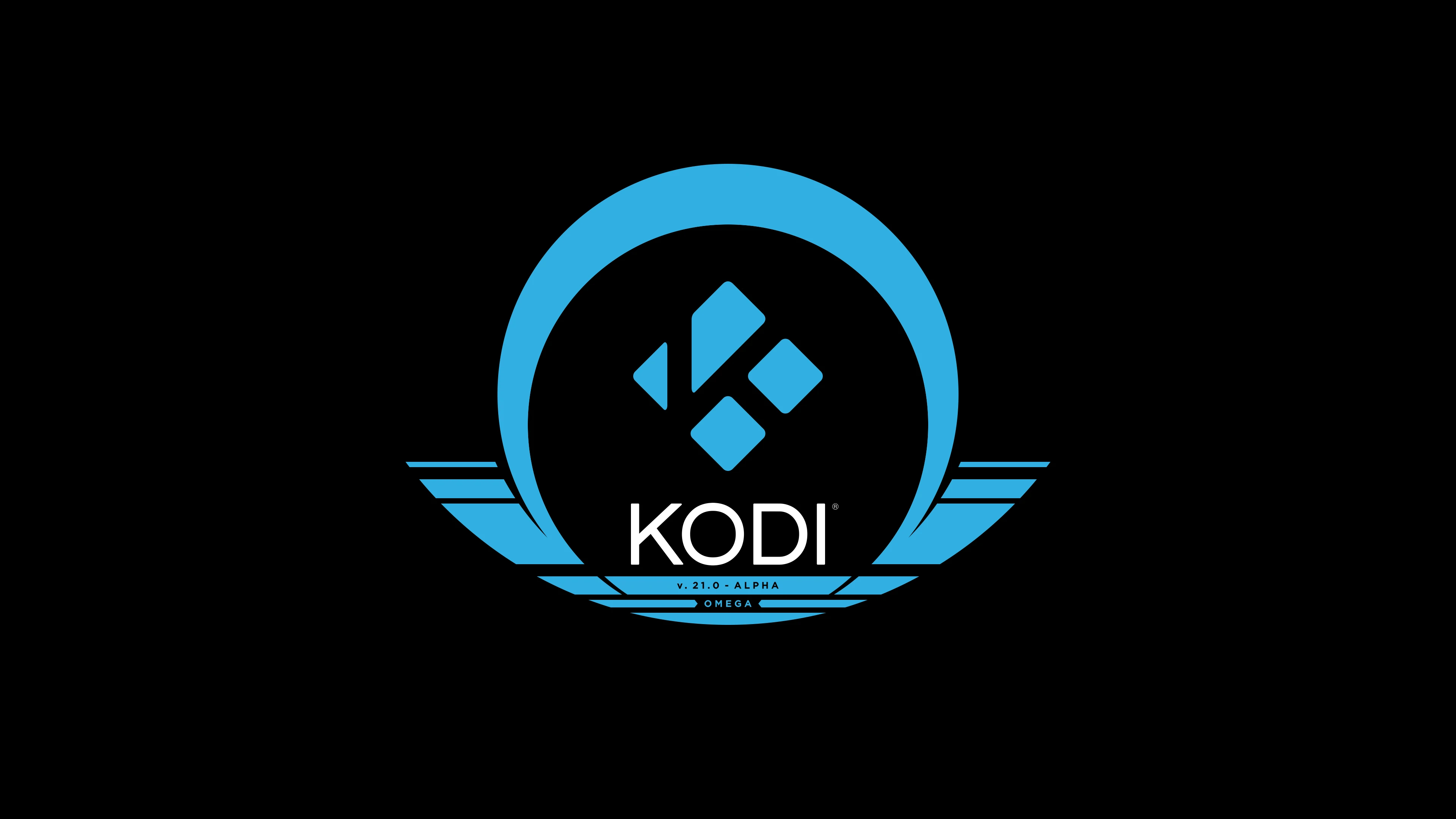 Kodi 21 "Omega" Splash Screen - the Kodi logo sits at the centre of a black screen, a stylised Greek letter "Omega" around it.